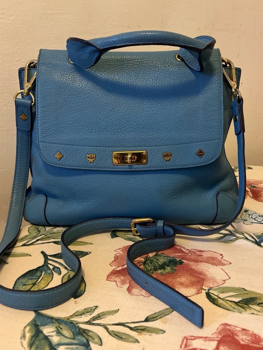 MCM Turquoise Blue Leather Top-Handle Satchel with Gold Hardware